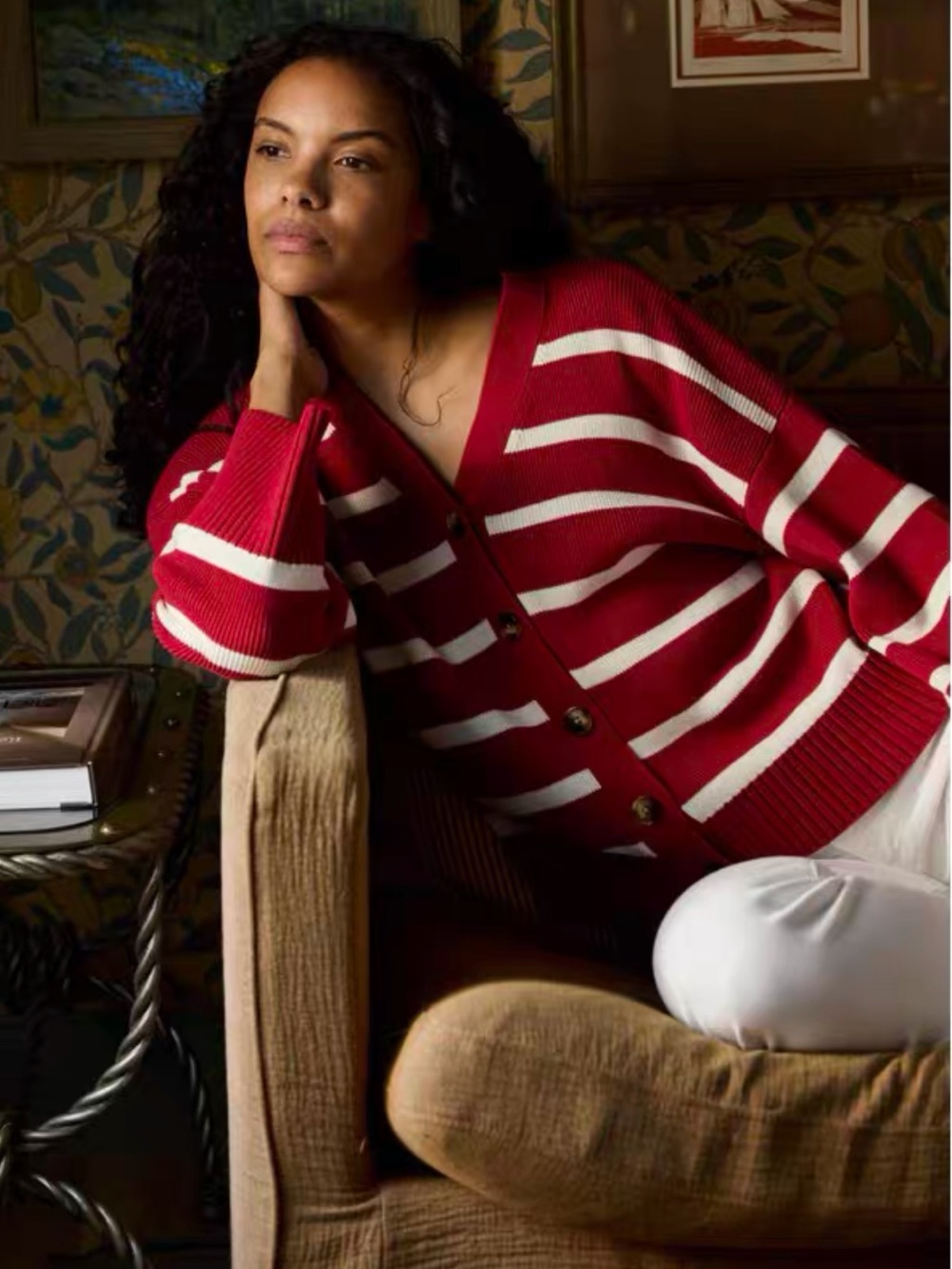 LAKE Crimson and White Striped V-Neck Button Up Cardigan, XXS S L XL